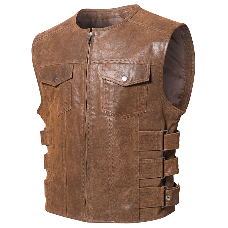 Men's punk motorcycle leather vest with zipper, showcasing rugged charm and edgy style for the modern rebel.