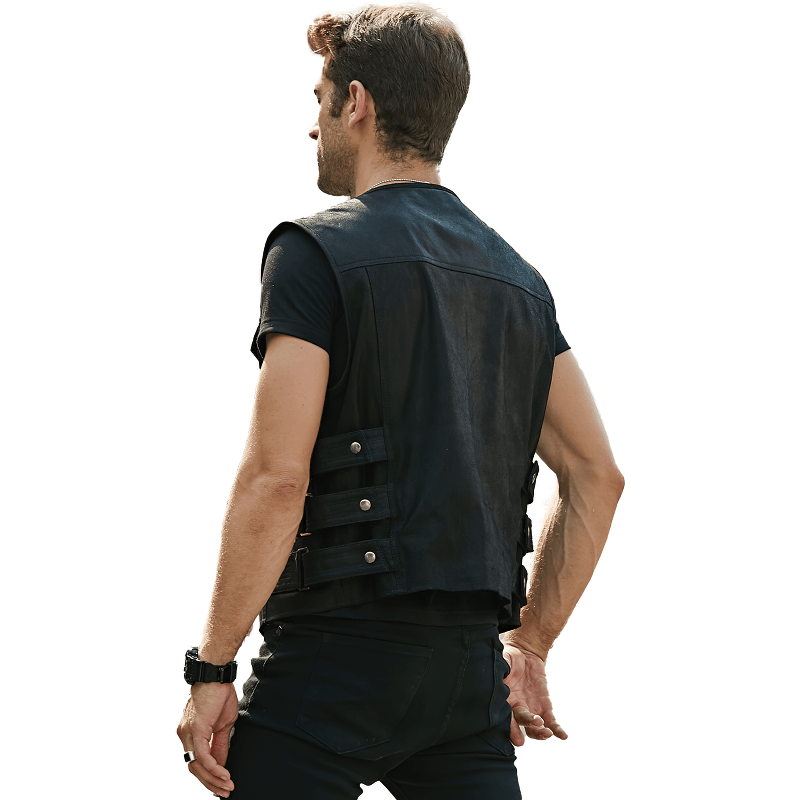 Stylish man wearing a black leather motorcycle vest, highlighting edgy punk fashion and rugged charm.
