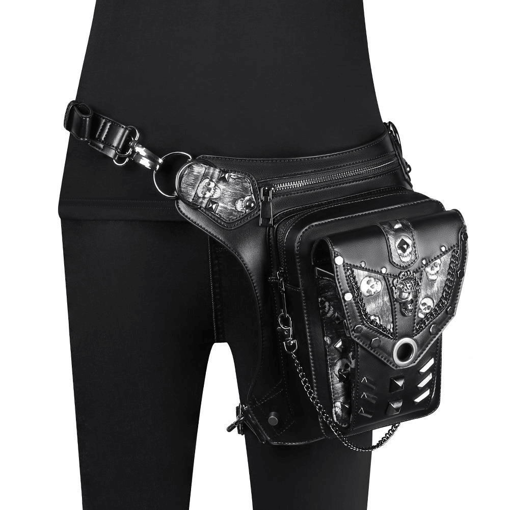 Motorcycle Rider Waist Bag with Skulls and Chain / Steampunk Accessories - HARD'N'HEAVY