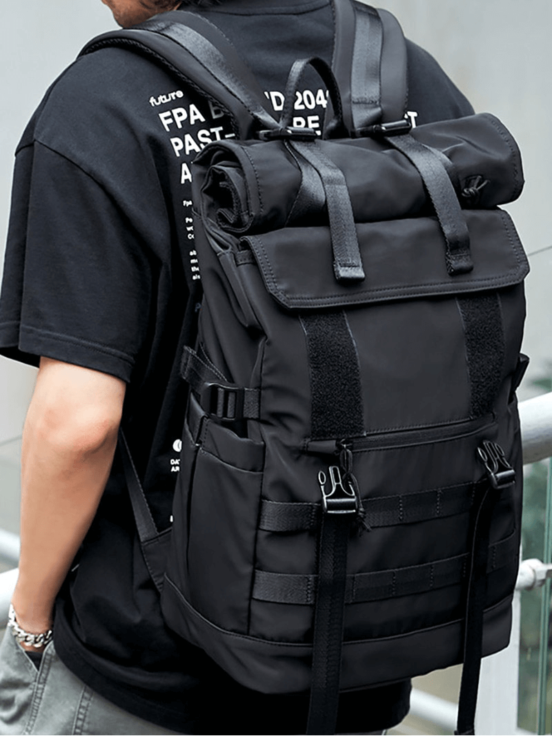 Unisex motorcycle waterproof large backpack in black, designed for travel with wear and scratch-resistant features.