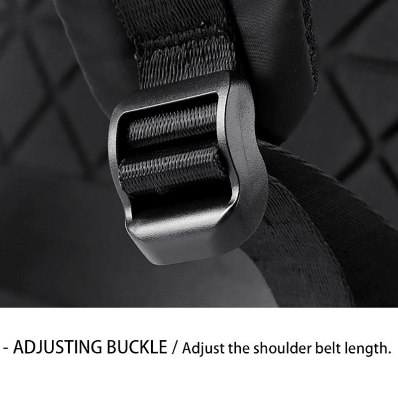 Close-up of the adjustable buckle on a motorcycle waterproof backpack, showcasing its durability and design.