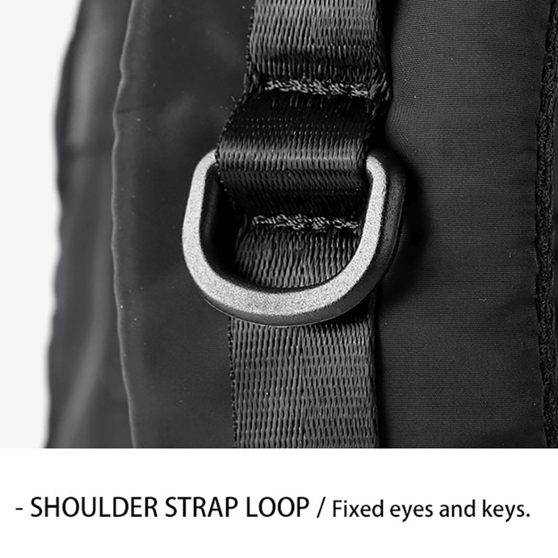 Close-up of shoulder strap loop on a motorcycle waterproof backpack, designed for fixed eyes and keys.