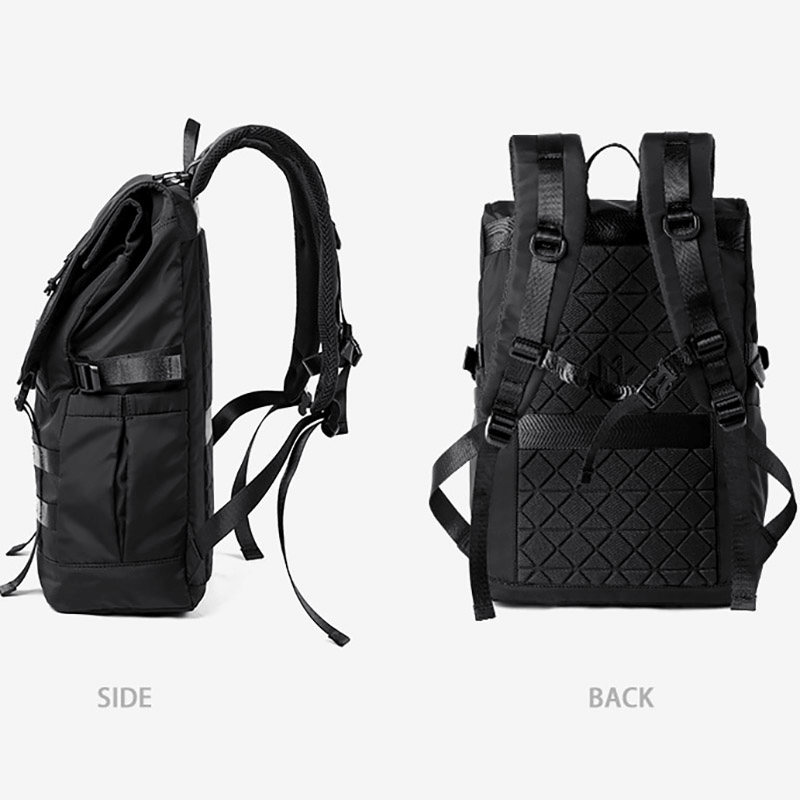 Side and back view of a waterproof large motorcycle backpack, showcasing its sleek design and durable materials.