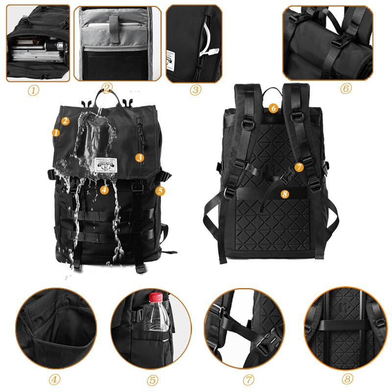 Motorcycle waterproof large backpack with wear-resistant and scratch-resistant features, showcasing pockets and straps.