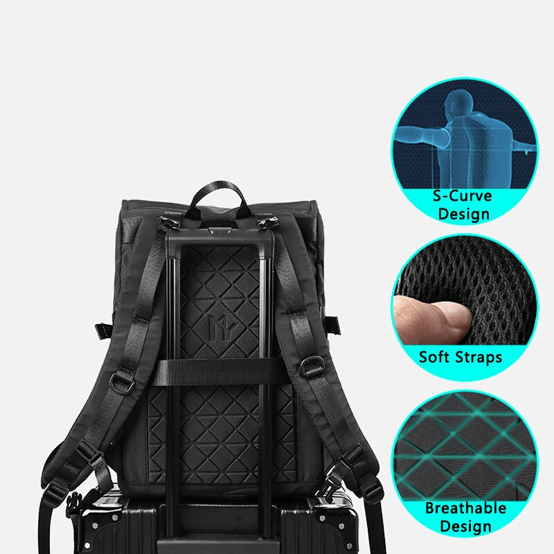 Close-up of motorcycle waterproof backpack showcasing S-Curve design, soft straps, and breathable material.