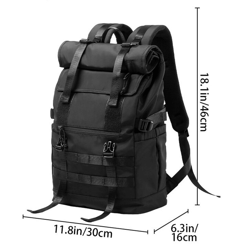 Motorcycle waterproof large backpack in black, measuring 18.1x11.8x6.3 inches, perfect for travel and adventure.