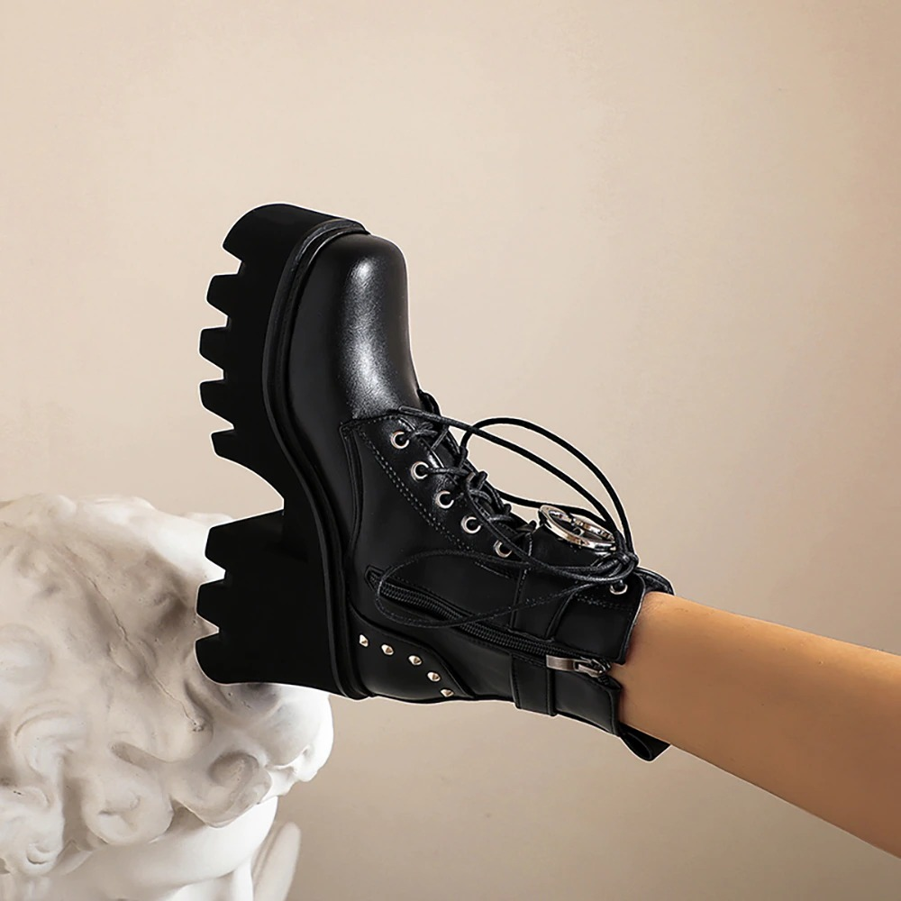 Motorcycle Women's Ankle Boots with Metal Buckle / Fashion Platform Square Toe Boots - HARD'N'HEAVY