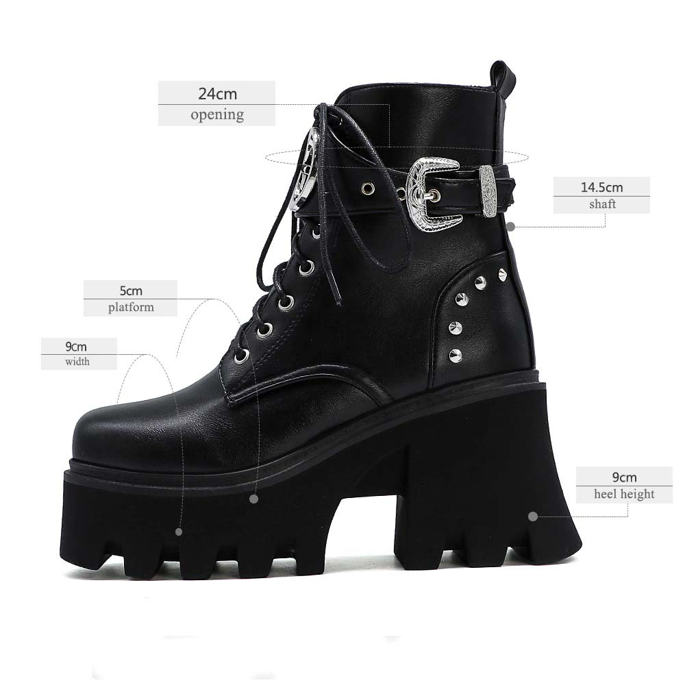 Motorcycle Women's Ankle Boots with Metal Buckle / Fashion Platform Square Toe Boots - HARD'N'HEAVY