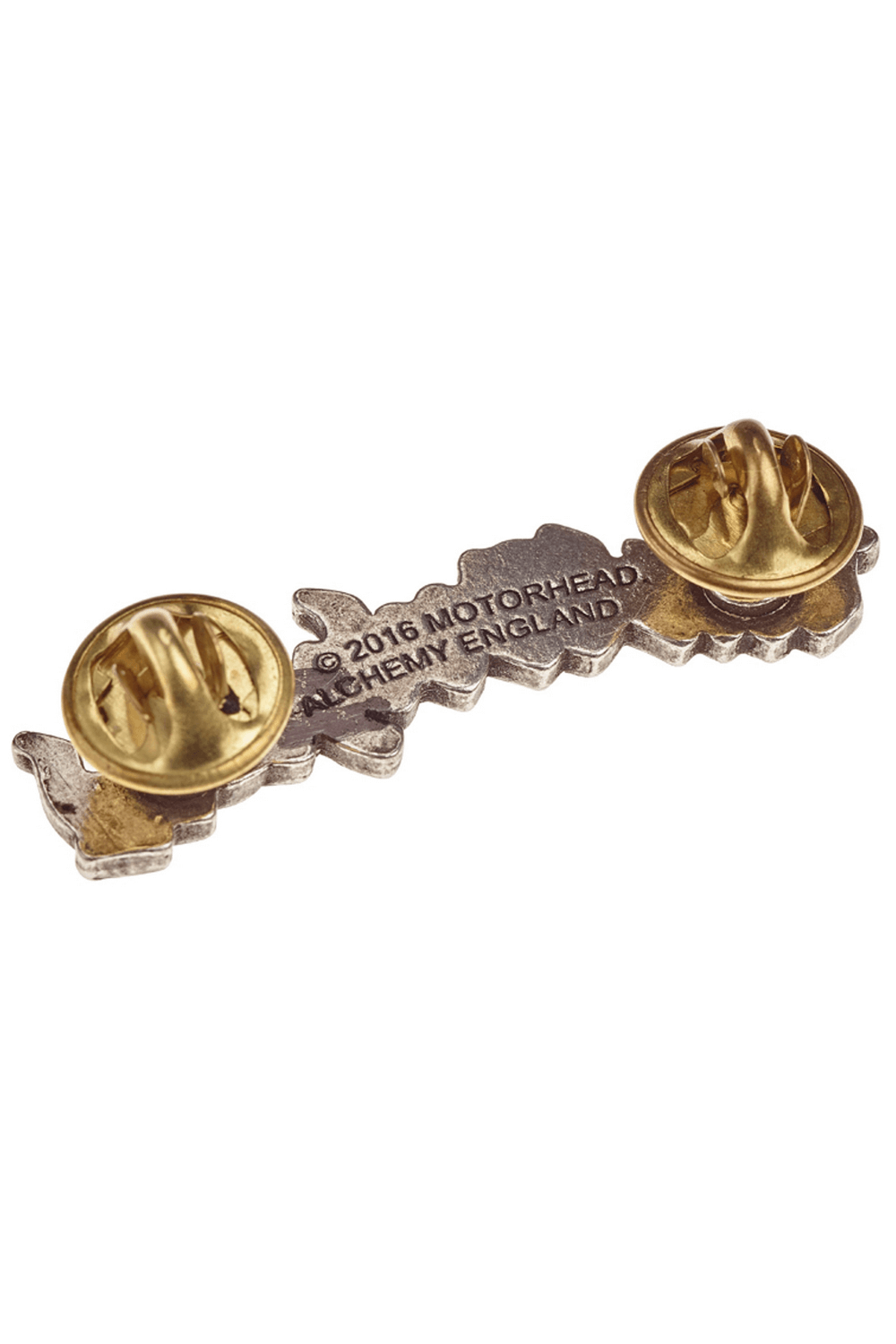 Back view of Motörhead metal pin badge showing fasteners and brand details, ideal for classic rock enthusiasts.