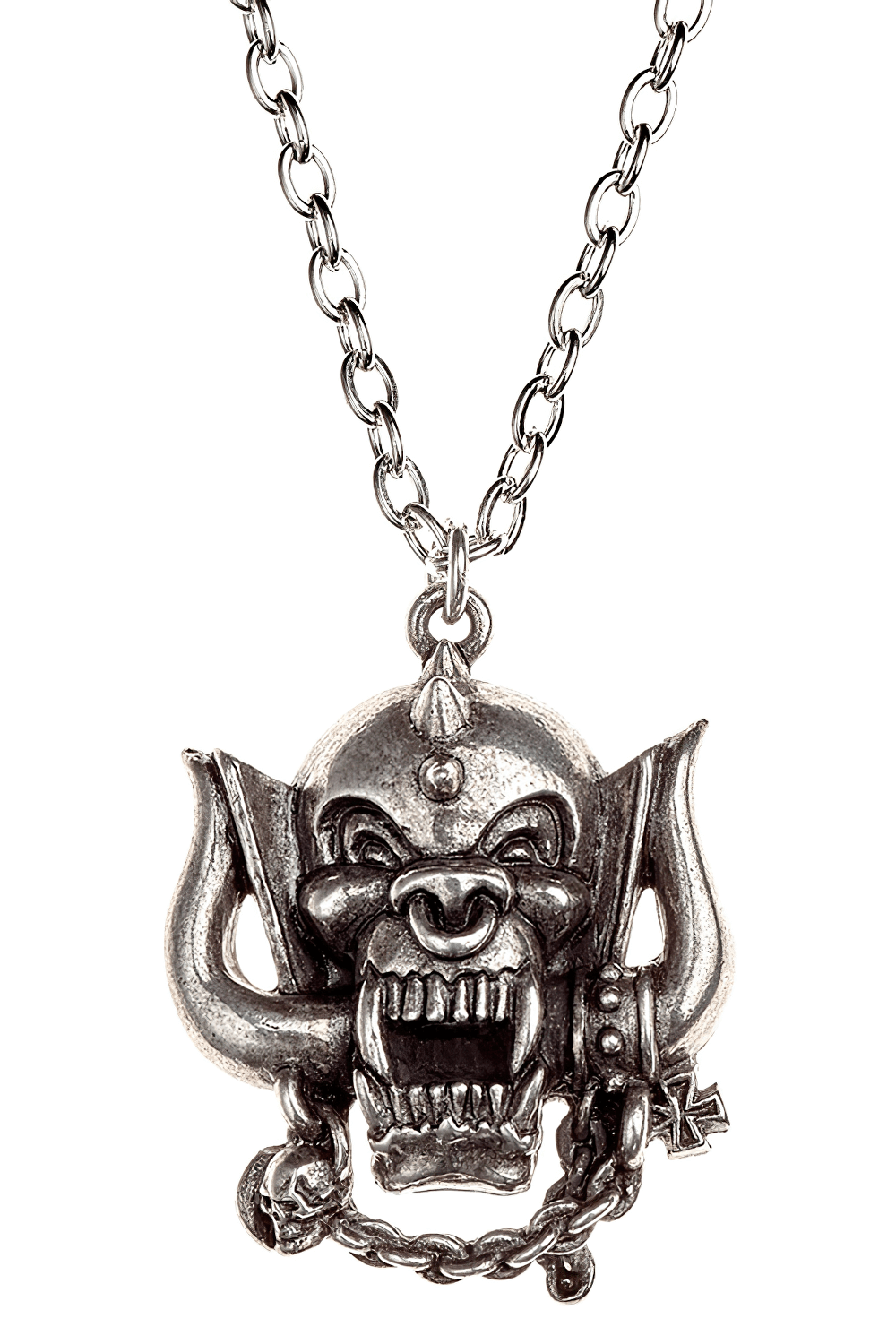 Motorhead Snaggletooth pendant necklace in pewter, featuring a fierce skull design with fangs and chain.