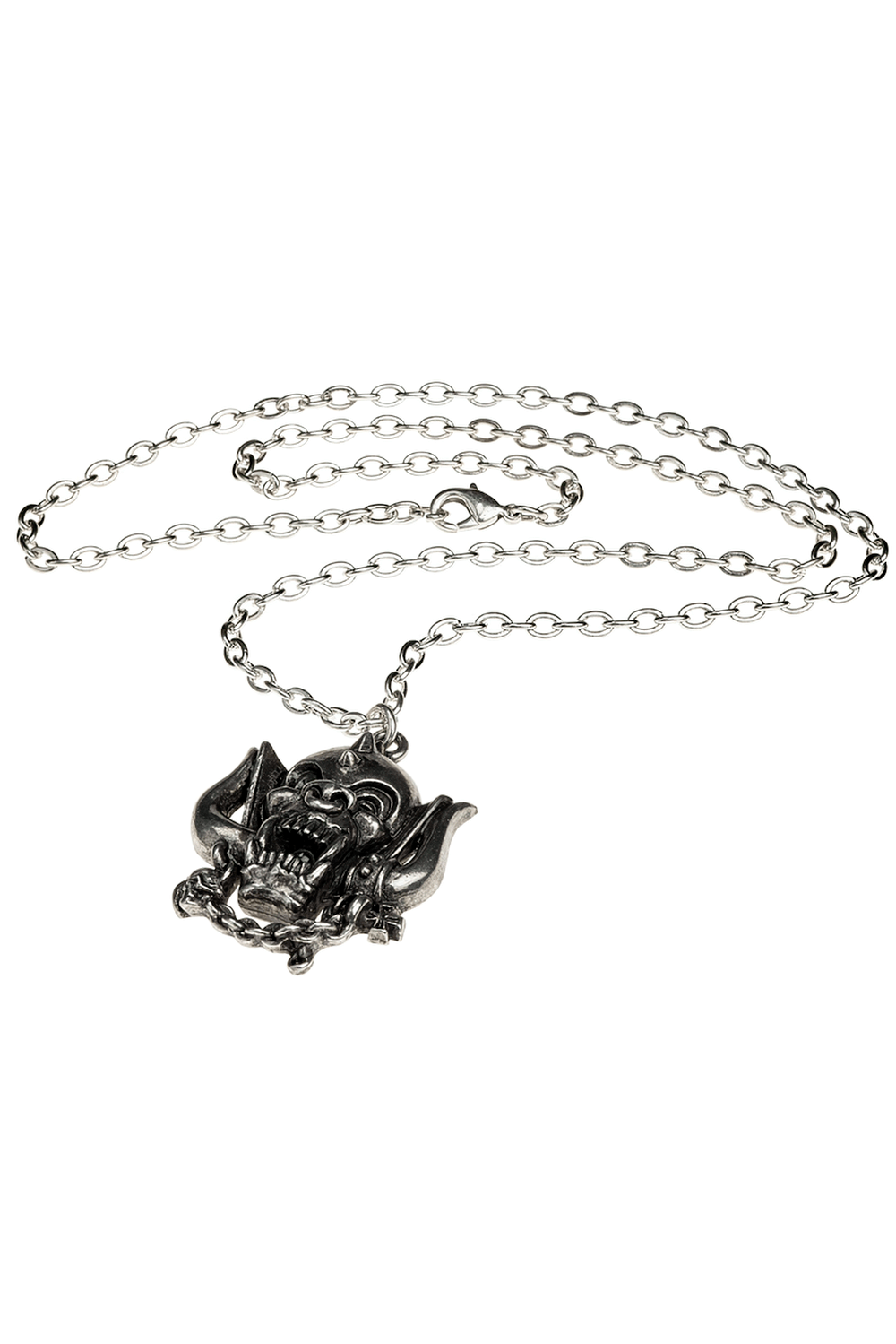 Motorhead Snaggletooth War-Pig Skull Pendant necklace in pewter, celebrating heavy metal legend Motörhead.