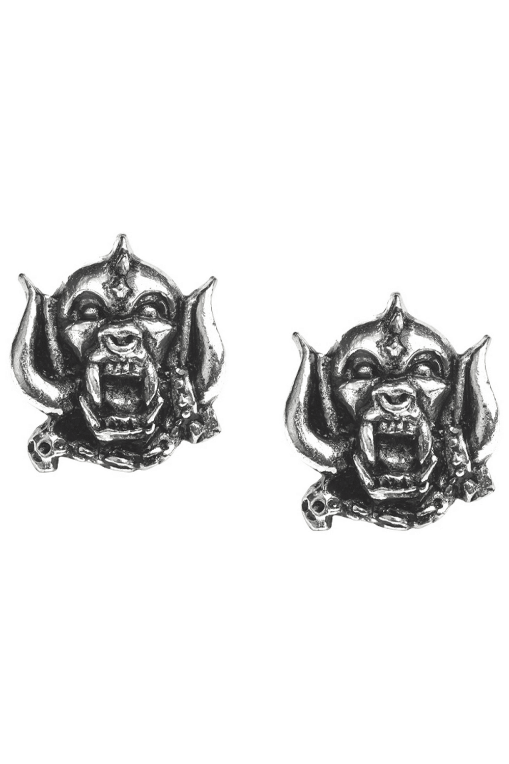 Motorhead Snaggletooth Warpig skull stud earrings in English pewter showcasing fierce animal design.