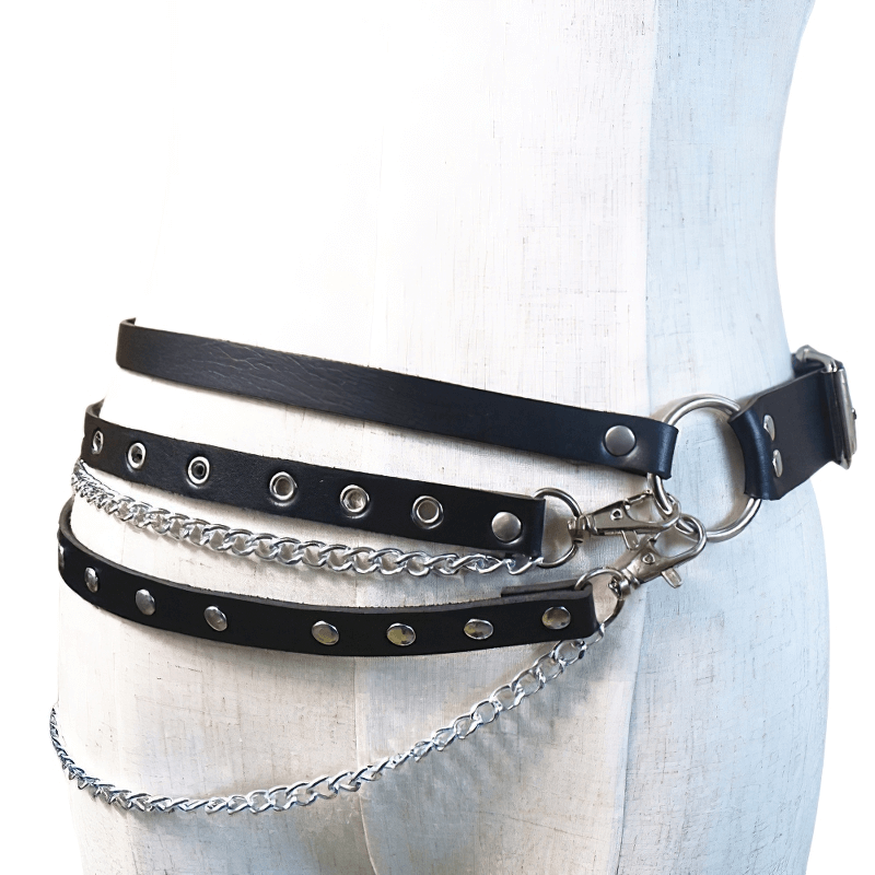 Gothic multi-layer leather black waistband with chains and studs on mannequin, edgy women's adjustable belt for jeans fashion.