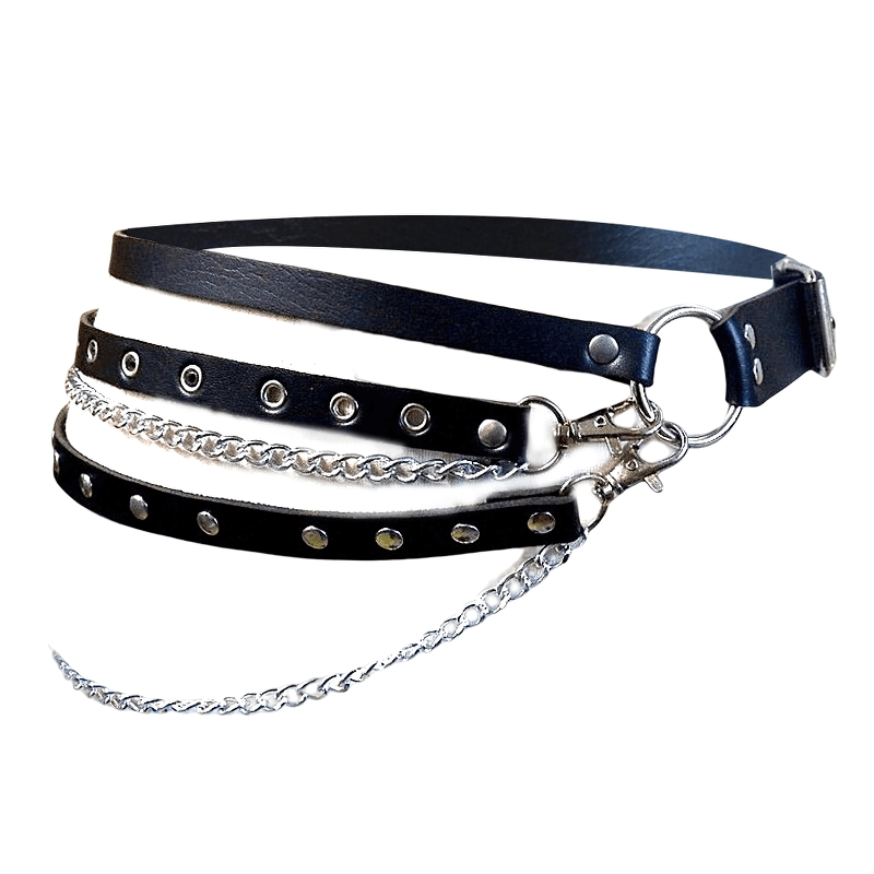 Gothic black leather belt with chains and studs, multi-layer design for edgy fashion statement.