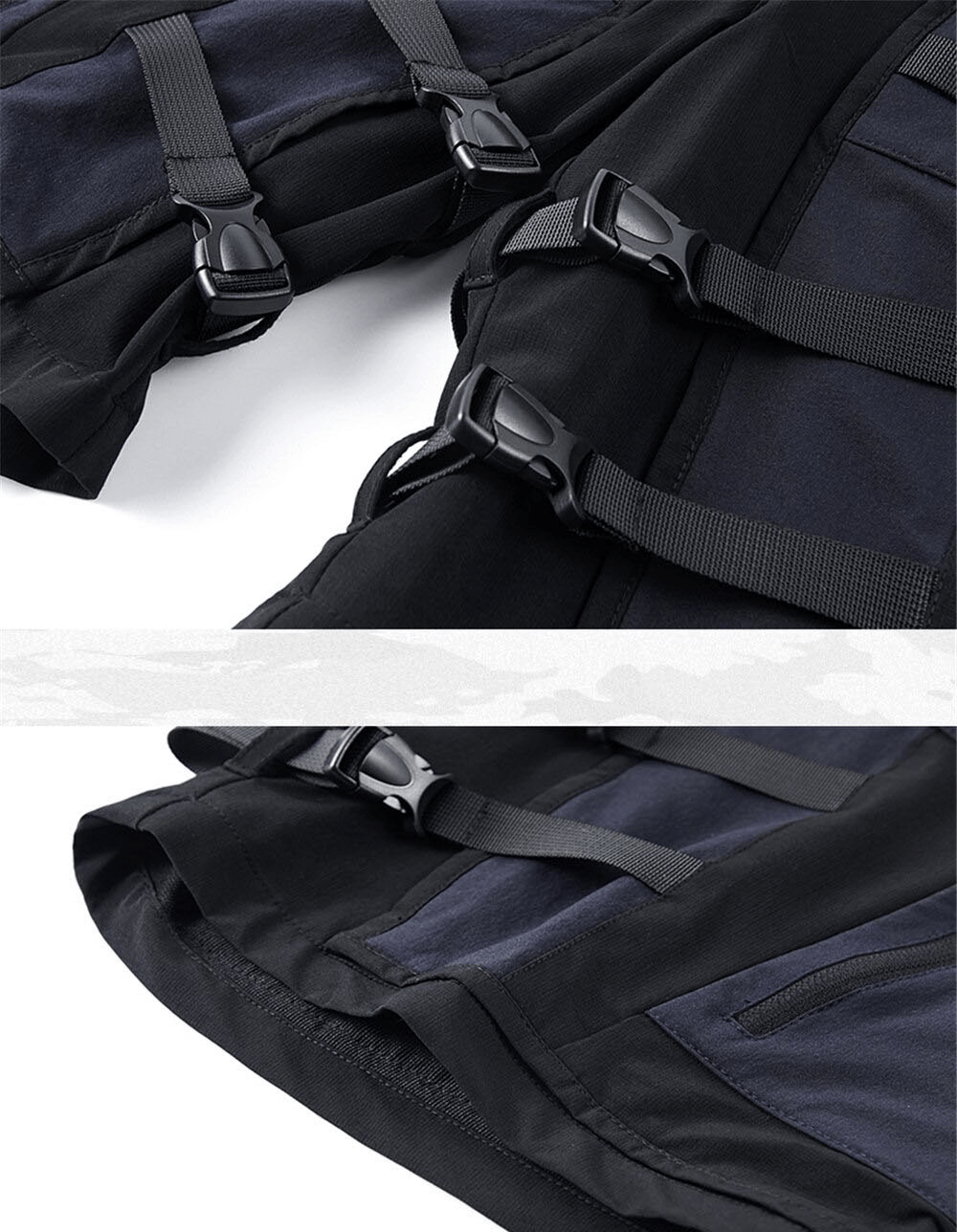 Close-up of tactical cargo shorts featuring durable straps and multi-pocket design for men's fashion.