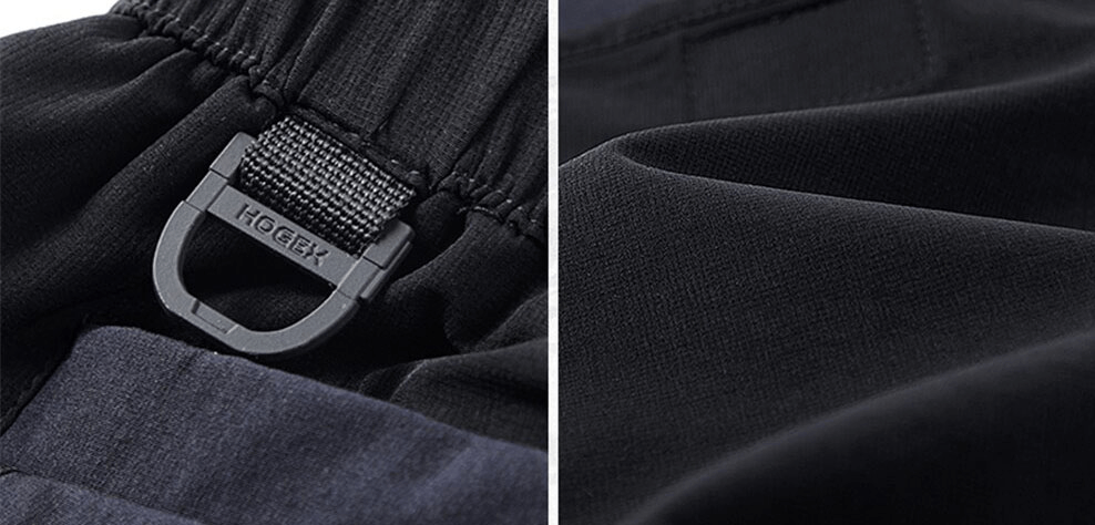 Close-up of elastic waist and fabric details on multi-pocket tactical cargo shorts for men.