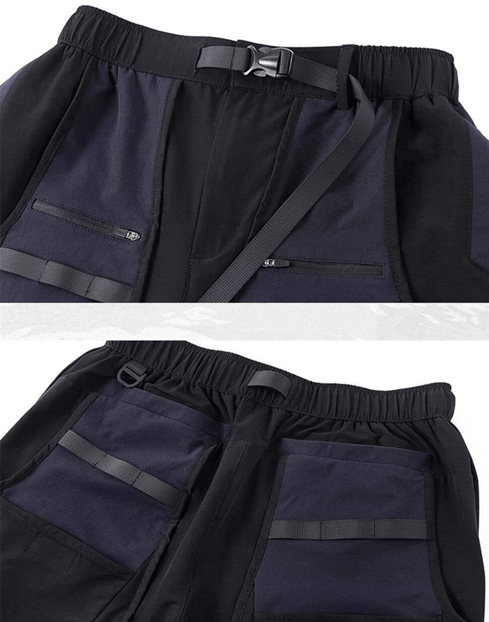 Elastic waist tactical cargo shorts featuring multiple pockets and stylish ribbon accents for comfort and versatility.