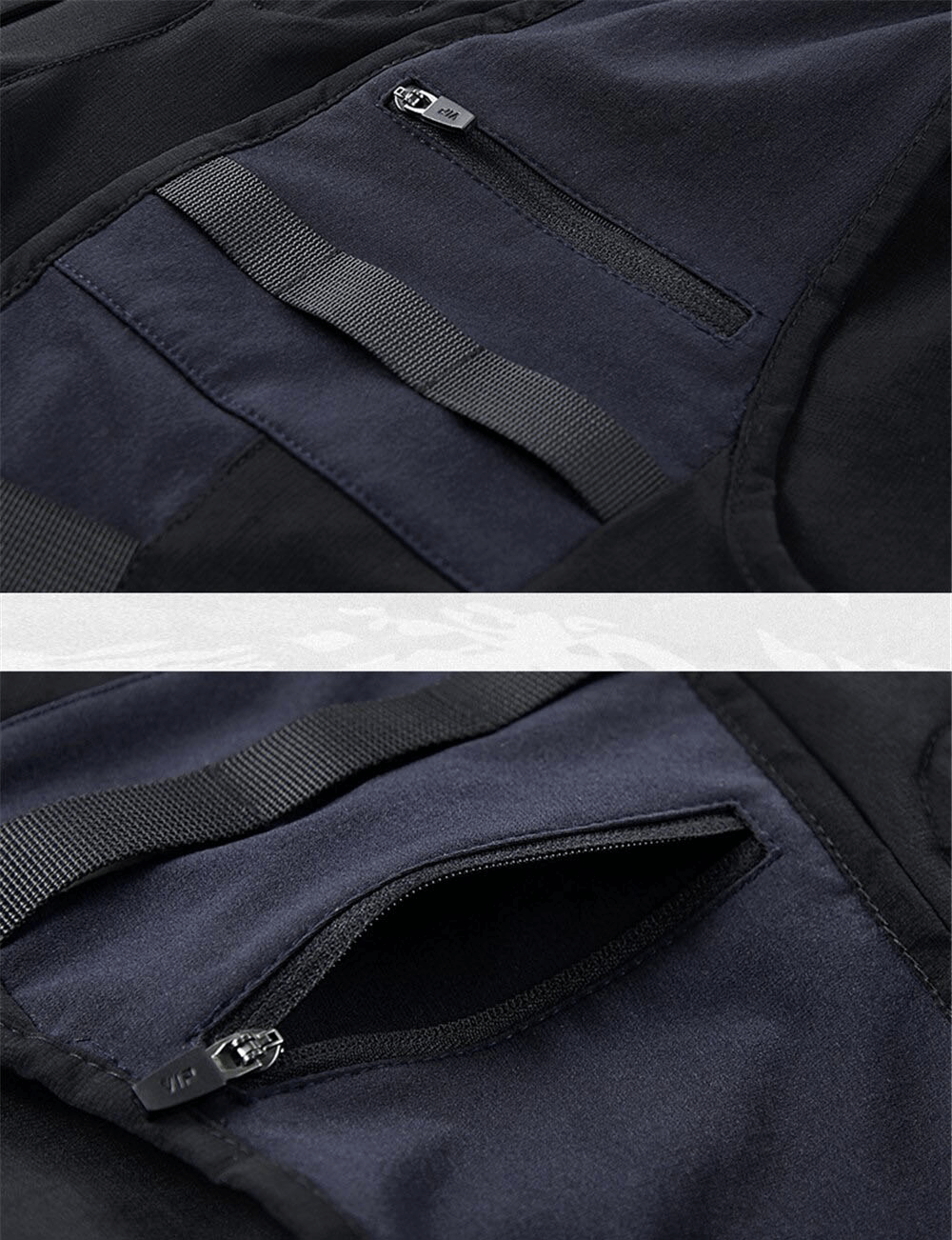 Close-up of multi-pocket design in tactical cargo shorts showcasing zippers and ribbon accents for stylish storage.