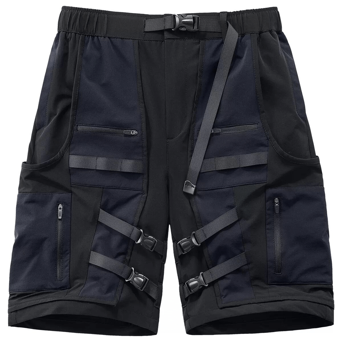Men's multi-pocket tactical cargo shorts with ribbons and elastic waist, perfect for casual and stylish comfort.