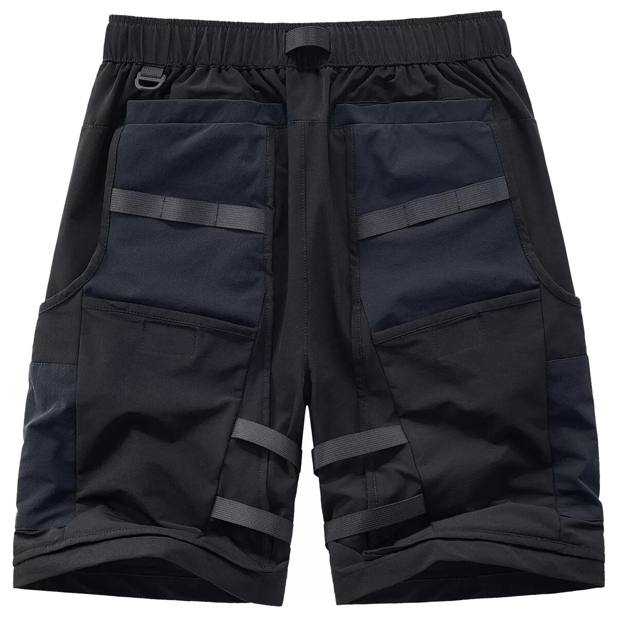 Men's multi-pocket tactical cargo shorts with elastic waist and stylish ribbon accents for comfort and fashion.