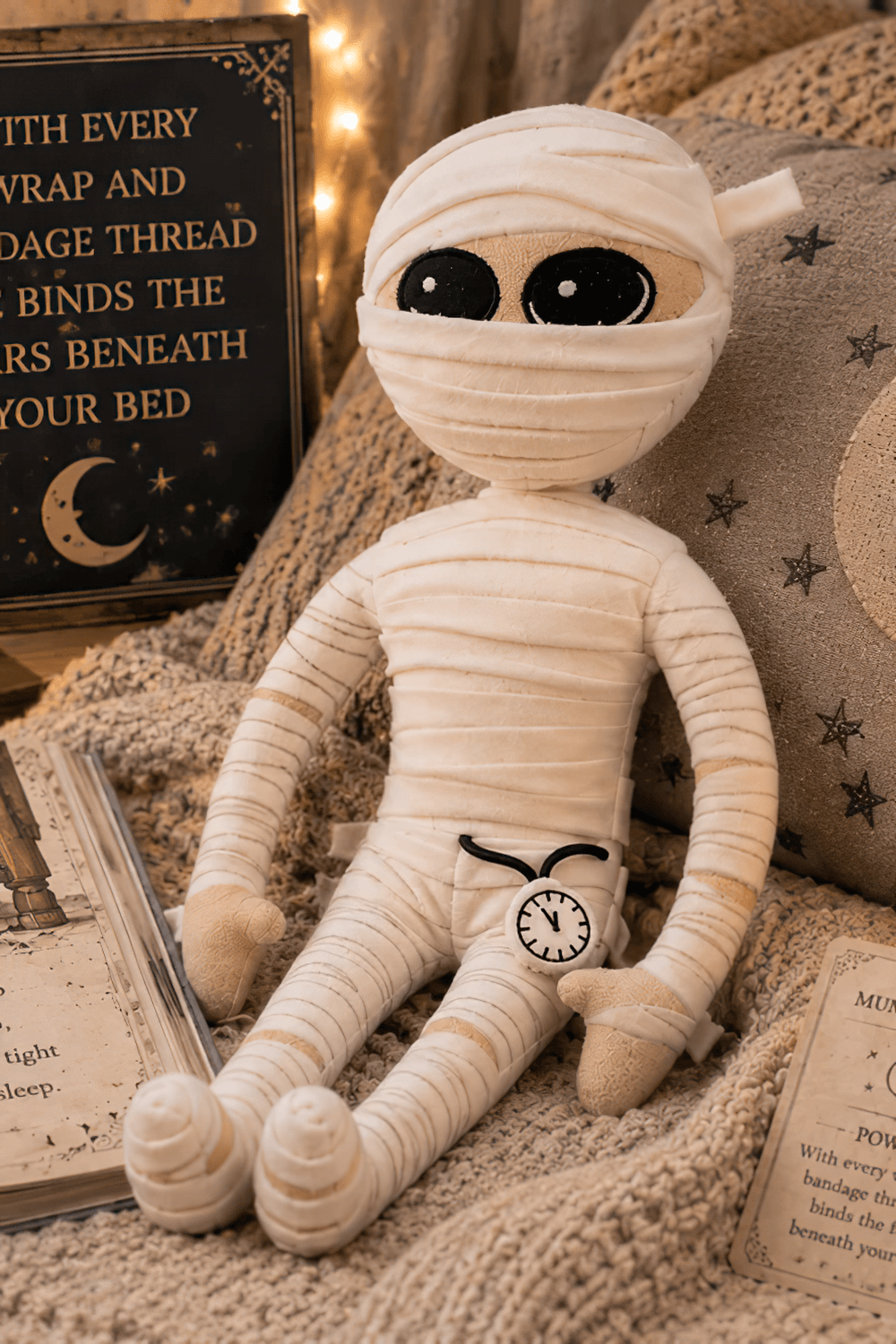 Mummington Mummy Plush Doll with Glow in the Dark Watch styled in a cozy bedroom setting.