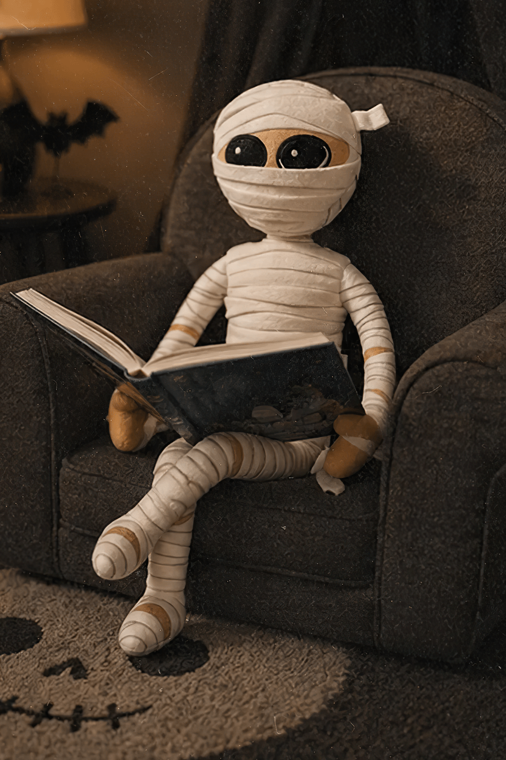 Mummington Mummy Plush Doll with Glow in the Dark Watch sitting and reading a book on a cozy chair.