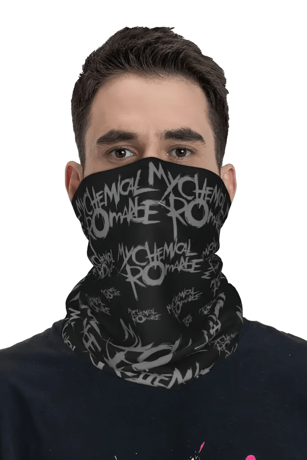 My Chemical Romance Gothic Neck Gaiter Face Cover worn as a scarf with graffiti-style logos, ideal for festivals and events.