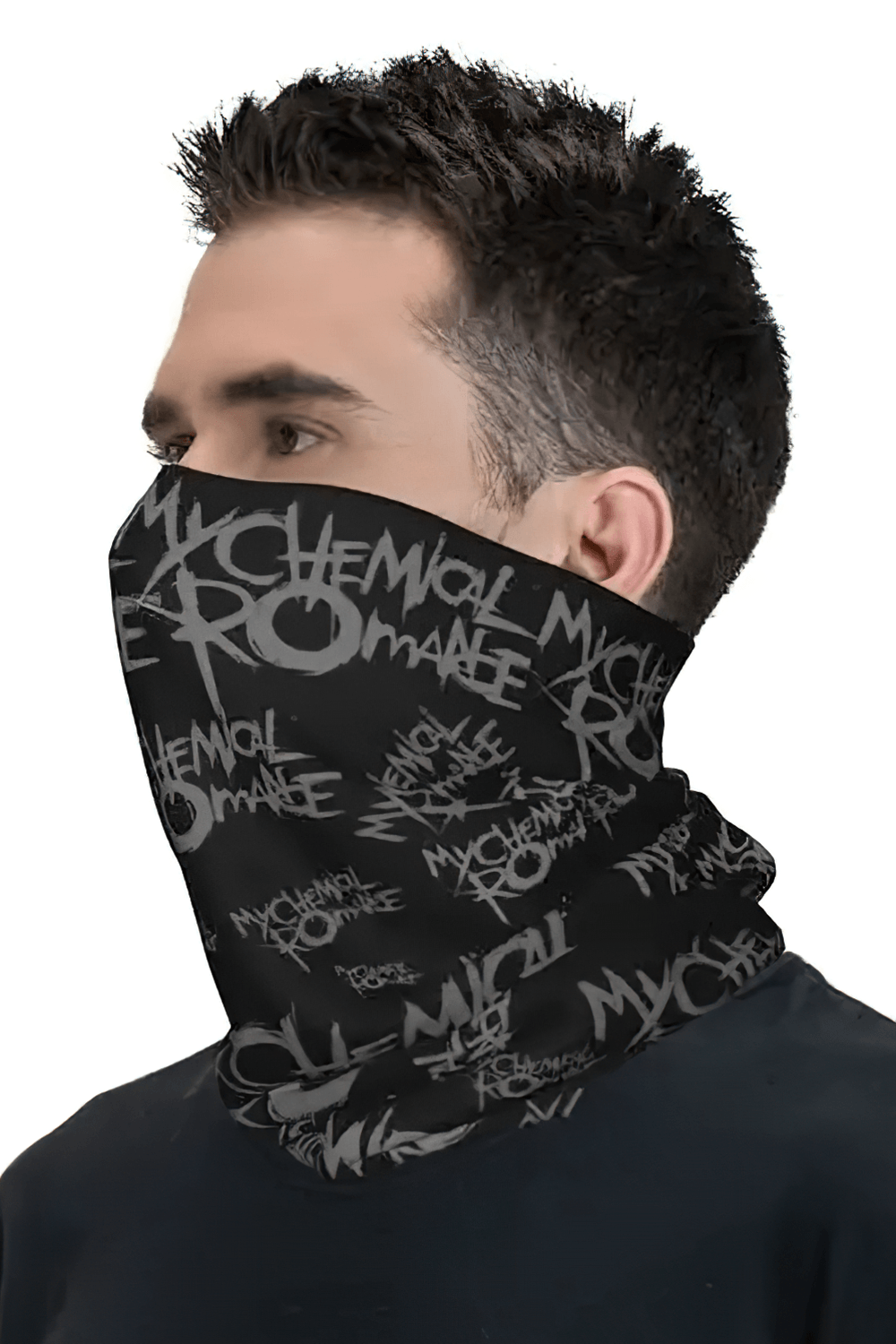 My Chemical Romance Gothic Neck Gaiter Face Cover worn as a mask, featuring grey graffiti logos on a black background.