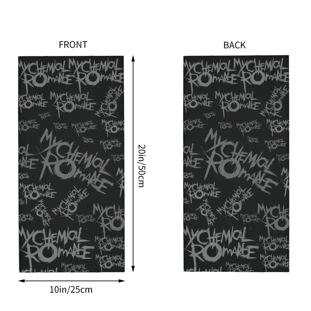 My Chemical Romance Gothic Neck Gaiter Face Cover design featuring black background and graffiti-style band logos.