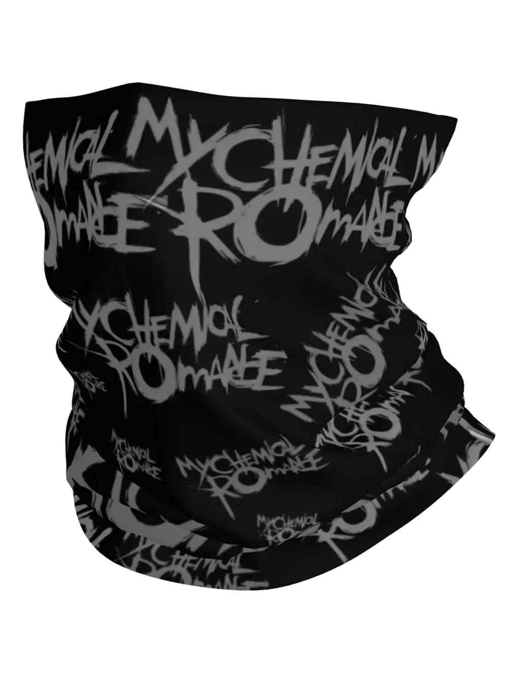 My Chemical Romance Gothic Neck Gaiter Face Cover in black with grey graffiti logos, versatile and stylish alternative rock accessory.
