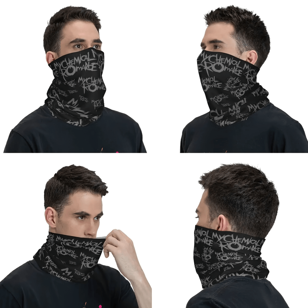 My Chemical Romance Gothic Neck Gaiter Face Cover shown in four angles, featuring graffiti logos on a black background.