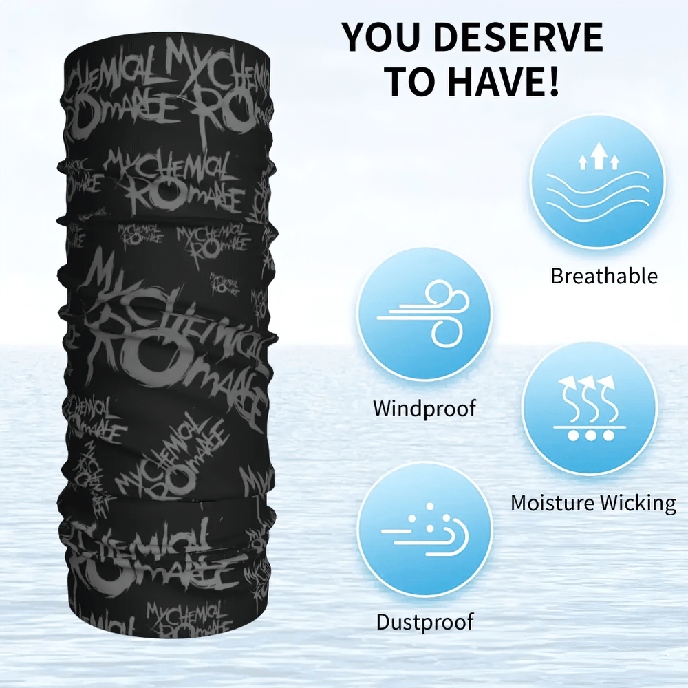 My Chemical Romance Gothic Neck Gaiter Face Cover displaying breathable, windproof, moisture-wicking features on a black background.