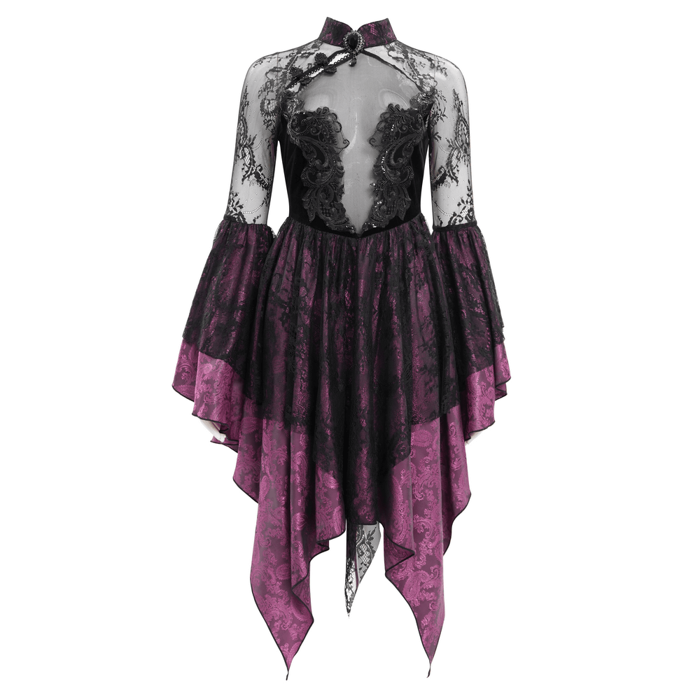 Elegant Gothic lace cheongsam dress in black and purple with high collar, long sleeves, and flowing tiered skirt.