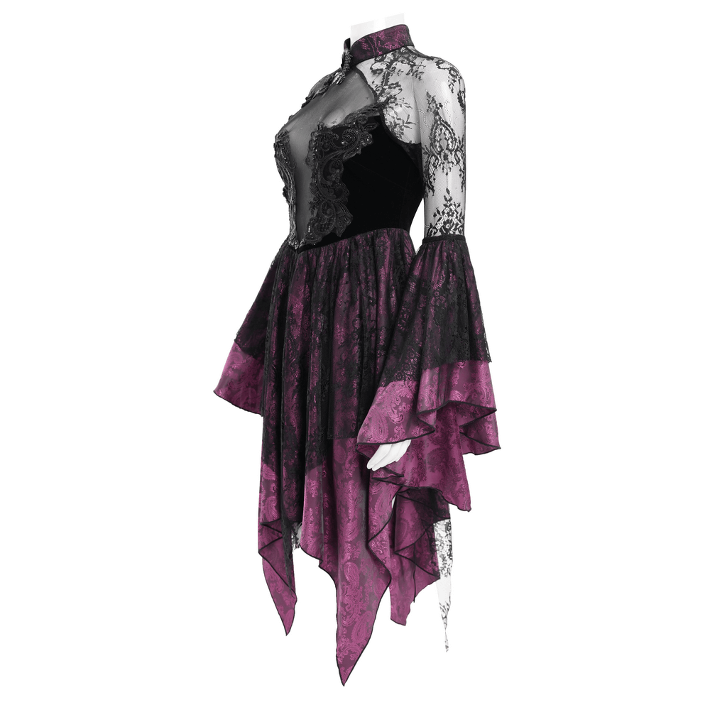 Elegant Gothic lace cheongsam dress in black and purple with a high collar and flowing tiered skirt. Perfect for special occasions.