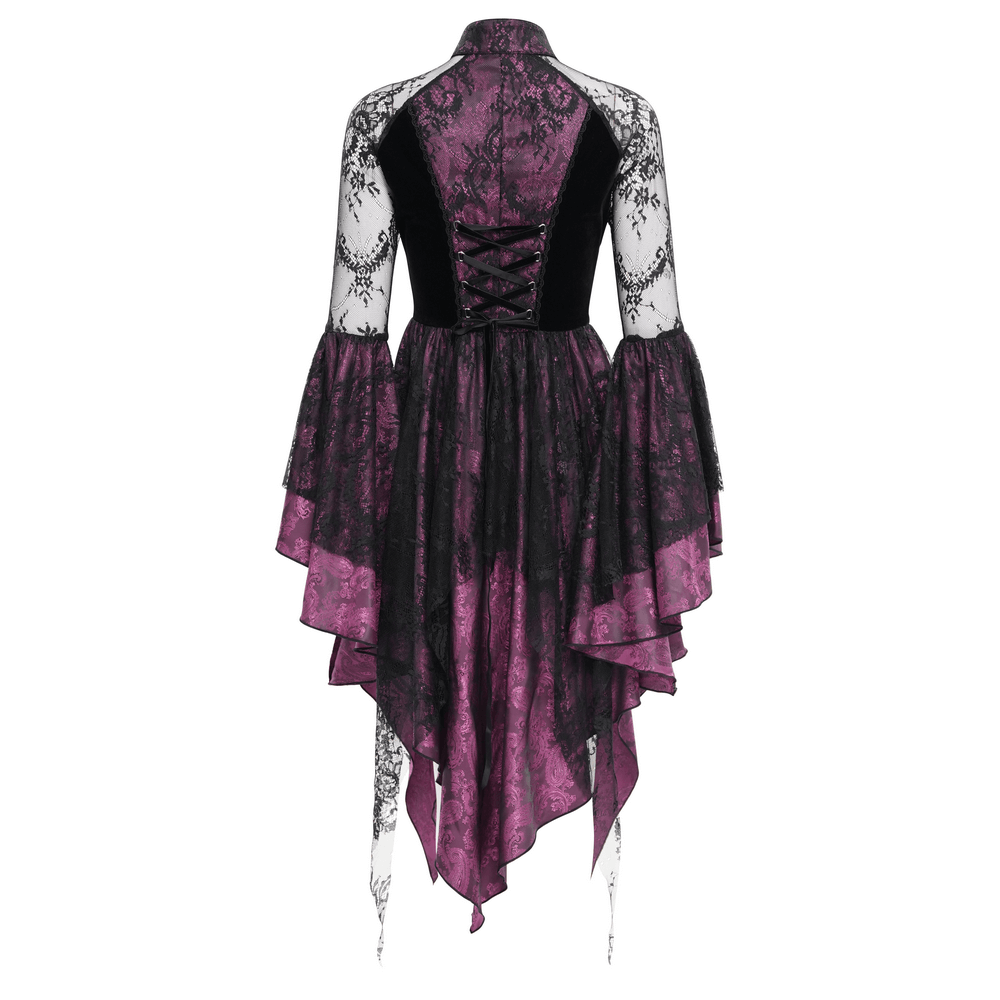 Elegant Gothic lace cheongsam dress in black and purple, featuring a high collar and flowing tiered skirt. Perfect for special occasions.