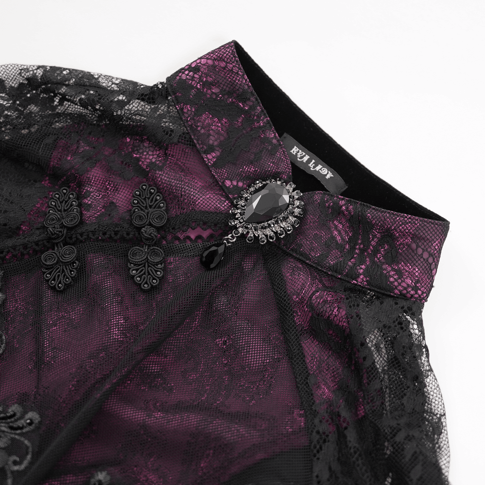 Elegant black and purple lace cheongsam dress collar with intricate details and jewel accent. Perfect for gothic fashion.