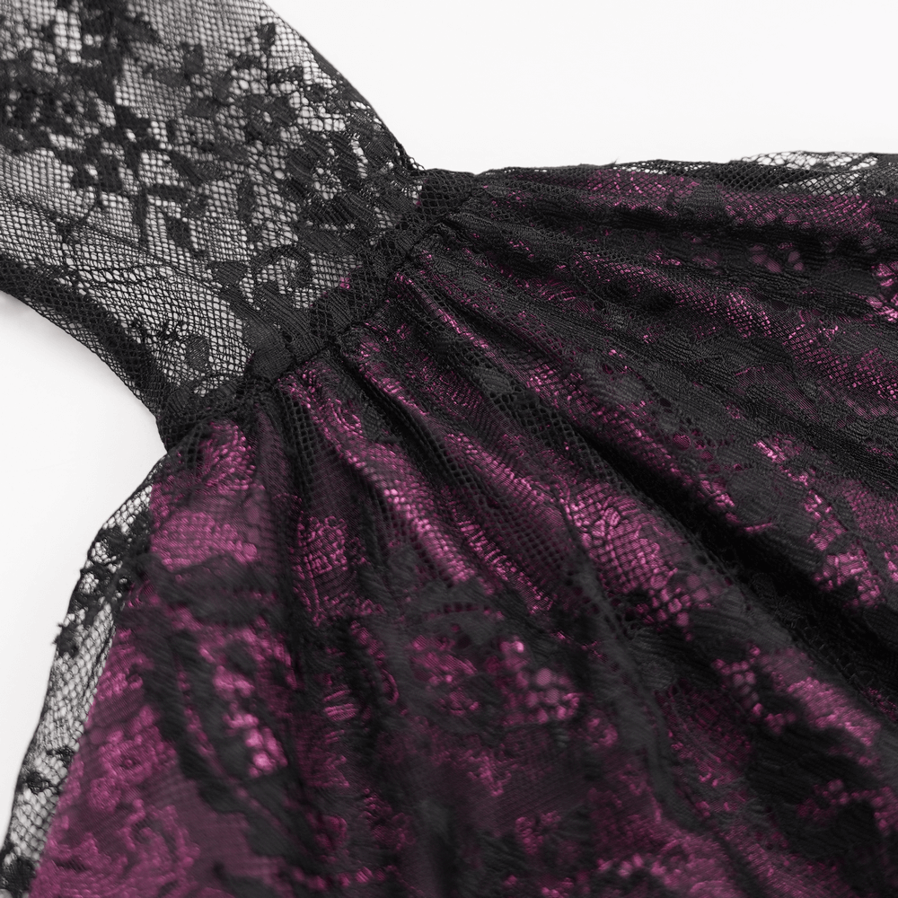 Gothic lace cheongsam dress featuring intricate black and purple lace design and elegant high collar. Perfect for special occasions.