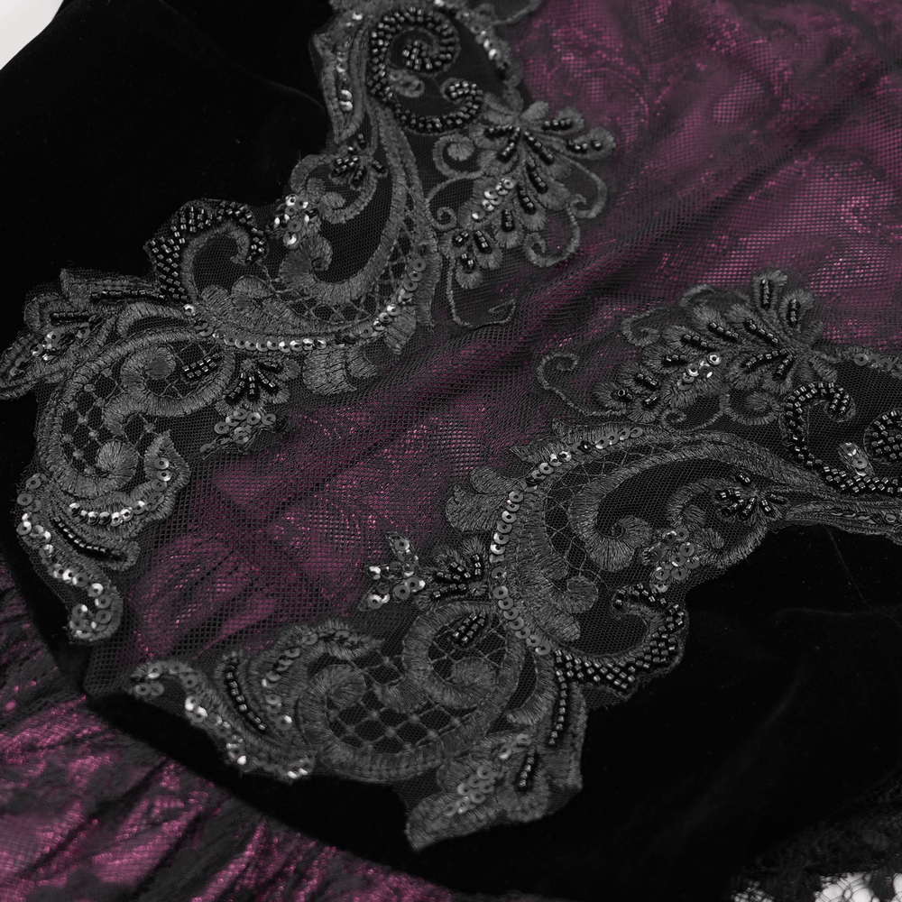 Elegant black and purple lace detail on a Gothic cheongsam dress, showcasing intricate design and beads.