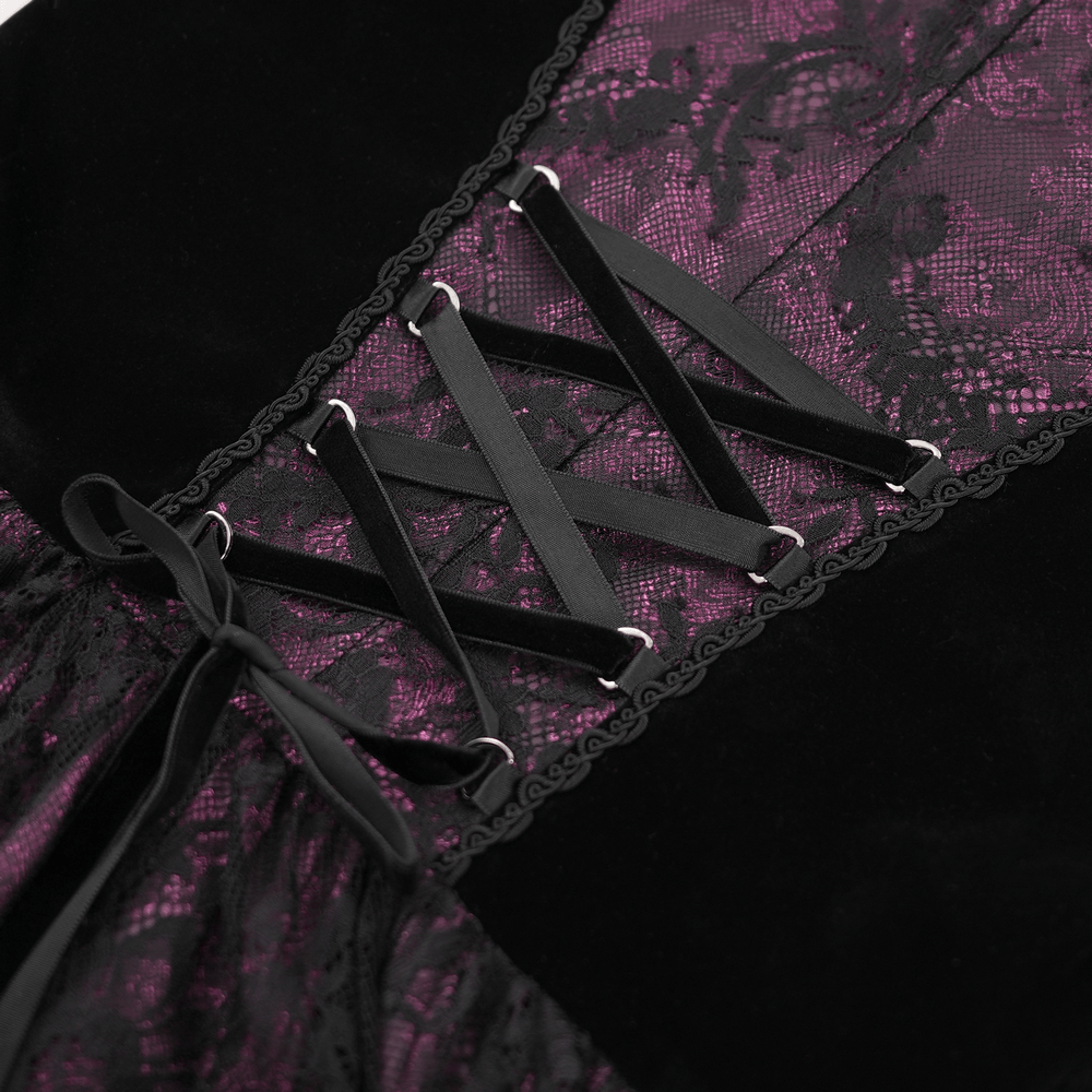 Intricate black and purple lace design with a stylish lace-up detail on the Mysterious Lace Cheongsam Dress.