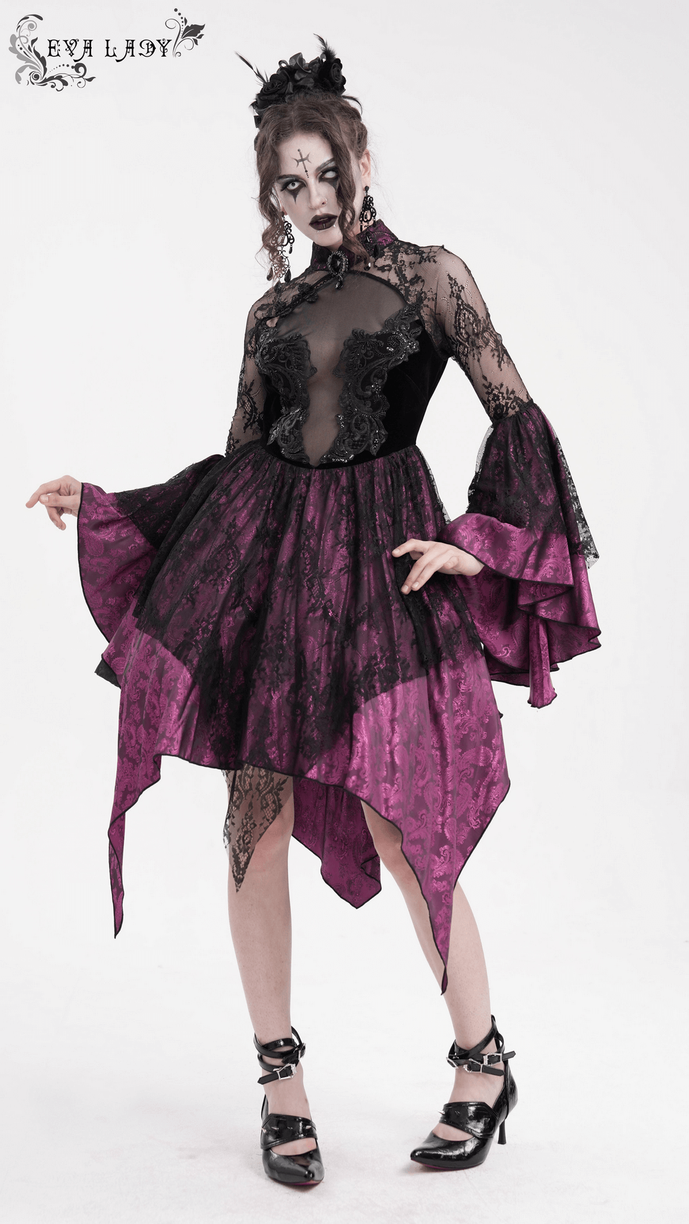 Gothic lace cheongsam dress in black and purple, featuring high collar, long sleeves, and flowing tiered skirt. Perfect for Halloween.