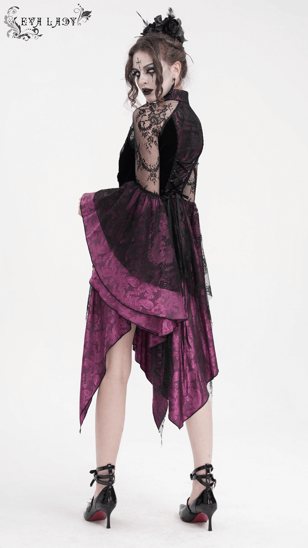 Gothic lace cheongsam dress in black and purple, featuring high collar, tiered skirt, and flowing hem, perfect for special occasions.