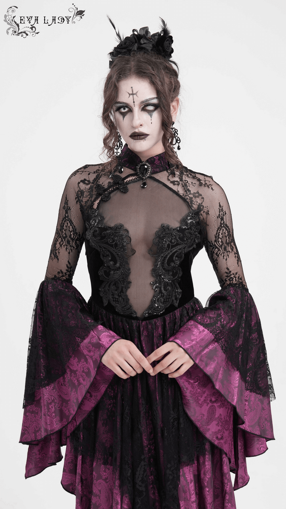 Elegant Gothic lace cheongsam dress with high collar and flowing tiered skirt in black and purple. Perfect for special occasions.