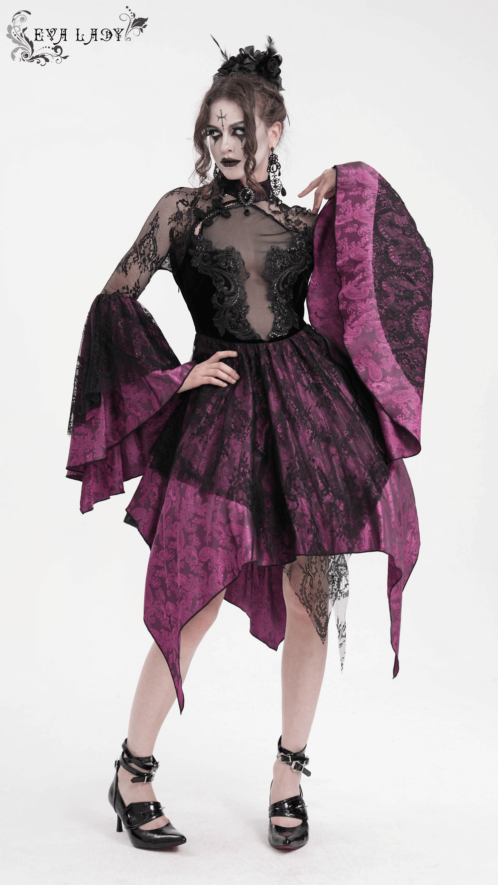 Elegant Gothic lace cheongsam dress in black and purple with high collar, long sleeves, and a flowing hem. Perfect for special occasions.