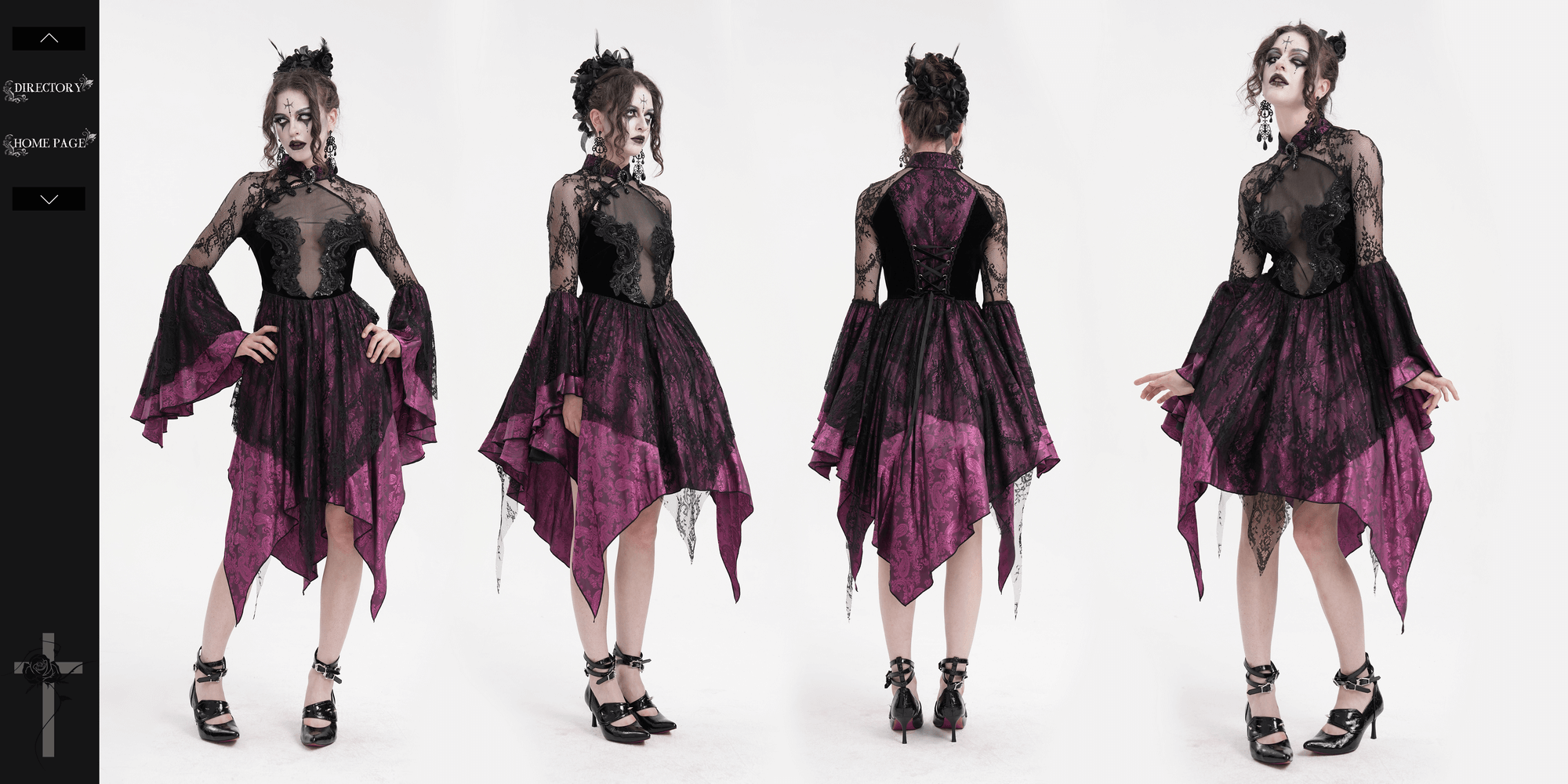 Elegant Gothic lace cheongsam dress in black and purple, featuring a high collar and flowing hem, perfect for special occasions.