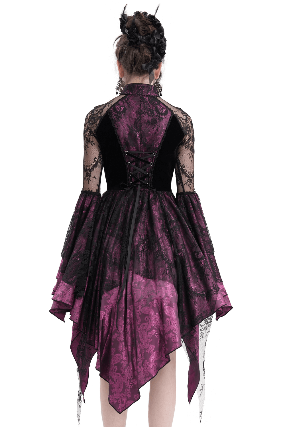 Elegant Gothic lace cheongsam dress in black and purple, showcasing intricate lace and a flowing tiered skirt.