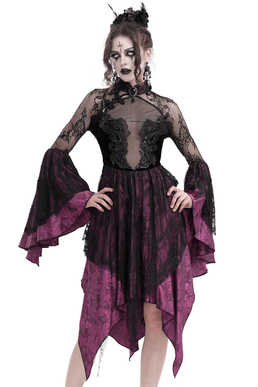 Gothic lace cheongsam dress with high collar, black and purple, long sleeves, and flowy tiered skirt for Halloween or cosplay.