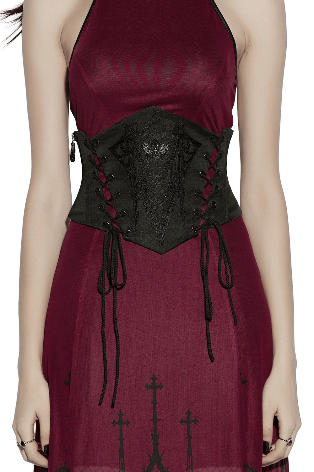 Alt Tag: Mysterious Waist Corset Belt with Moth Pendant black goth embroidered waist corset belt with lacing and pendant charm