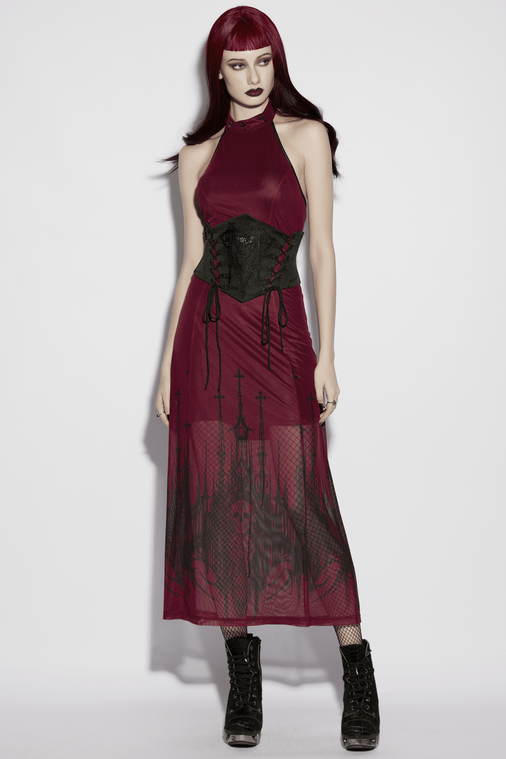 Alt Tag: Mysterious Waist Corset Belt with Moth Pendant on model, black goth church embroidered waist cincher with lace-up back and zipper