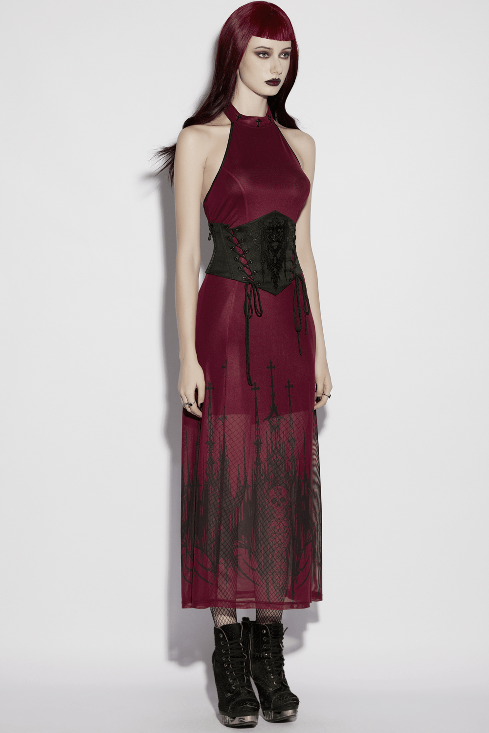 Alt Tag: Mysterious Waist Corset Belt with Moth Pendant on model, black embroidered goth corset belt with lacing and zipper