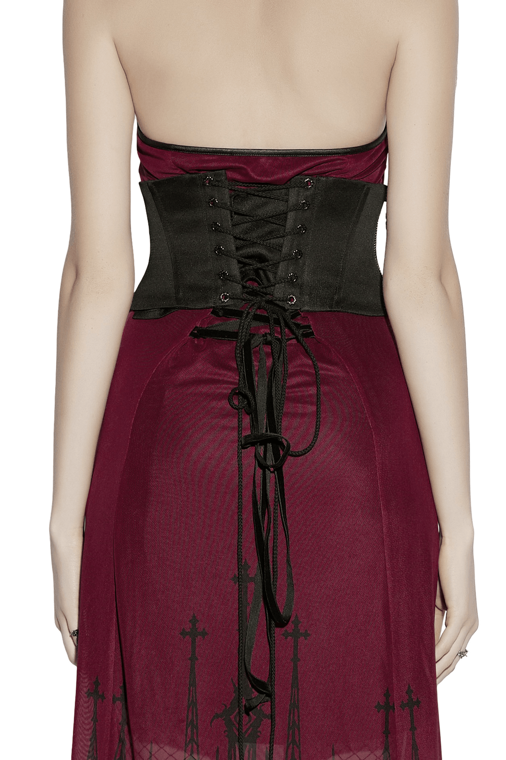 Alt Tag: Mysterious Waist Corset Belt with Moth Pendant back view black goth corset belt with lace-up back and side zipper, glossy woven fabric